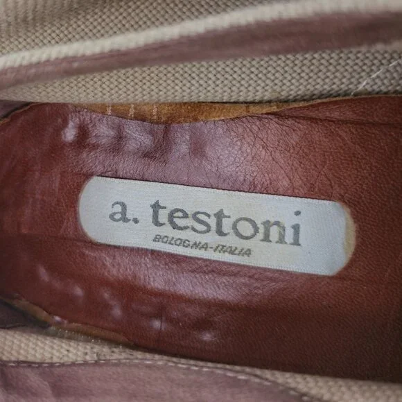 A. Testoni Italy Mens 9D Dress Shoes Beige Brown Canvas Leather Luxury Oxfords - Picture 10 of 11